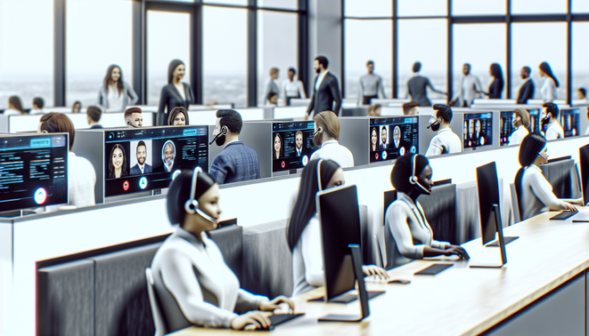 alt_text: Modern office scene showcasing diverse professionals using AI call assistants for efficient communication.