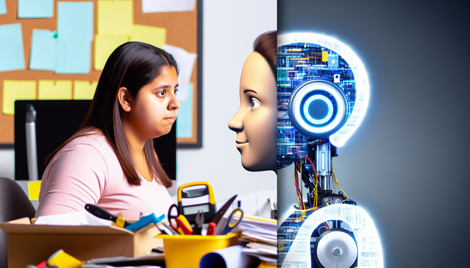 alt_text: Split-screen cover: busy human rep with tools vs. sleek AI chatbot interface showcasing efficiency.