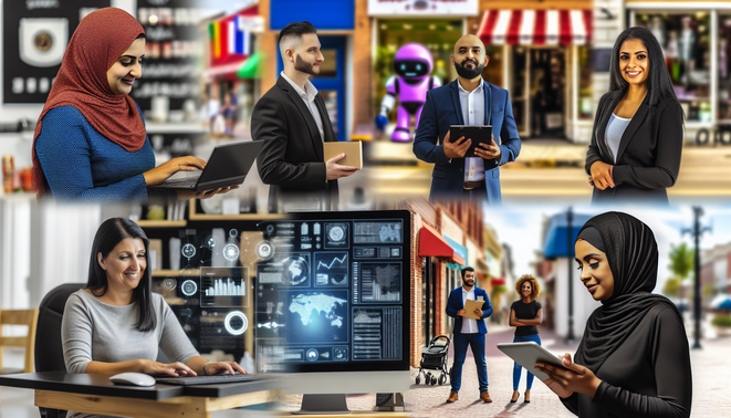 alt_text: Cover image depicting small businesses using AI technology for efficiency and growth, showcasing diversity.