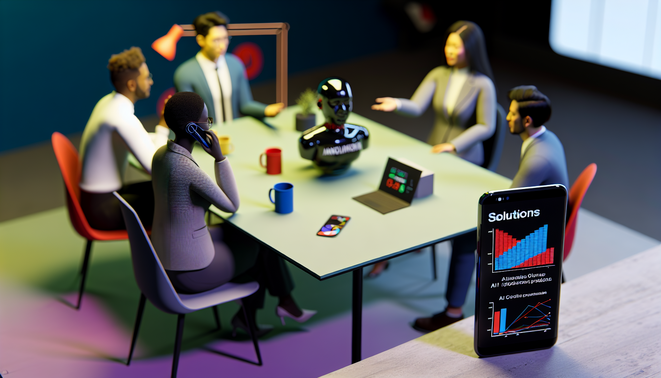 alt_text: Modern office scene with smartphone graph on AI telephony costs, professionals discussing solutions.
