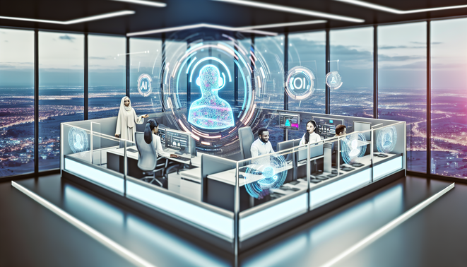 alt_text: "Futuristic AI call center with diverse team, holographic tools, and a panoramic city view."