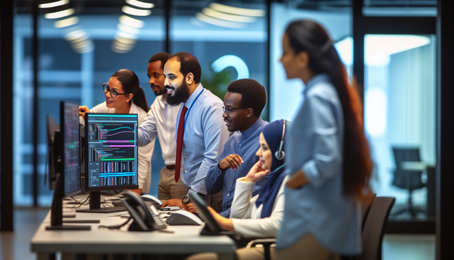 alt_text: A modern office scene showcasing diverse professionals implementing AI in telephony systems.