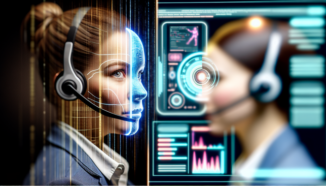 alt_text: A call center employee engages with a customer, contrasted by a sleek AI interface displaying data.