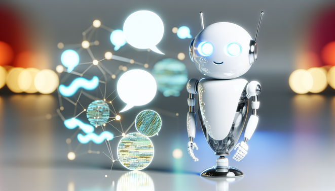 alt_text: A sleek cover image for "AI Gesprekken Automatiseren," featuring a friendly chatbot amidst dialogue bubbles and digital patterns.