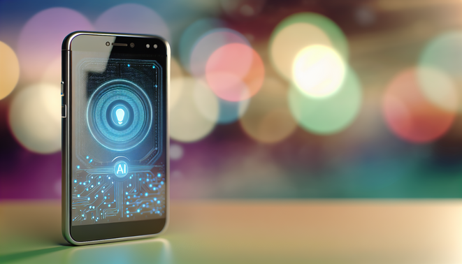 alt_text: Modern smartphone with holographic AI interface, showcasing trends in telecommunication and connectivity.