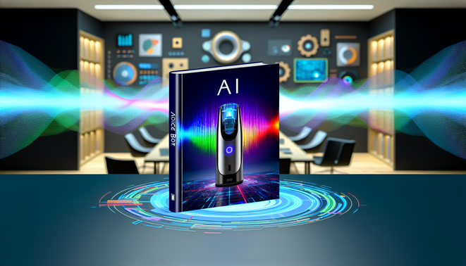alt_text: Book cover for "AI Voice Bot" featuring a sleek AI device, vibrant sound waves, and tech elements.