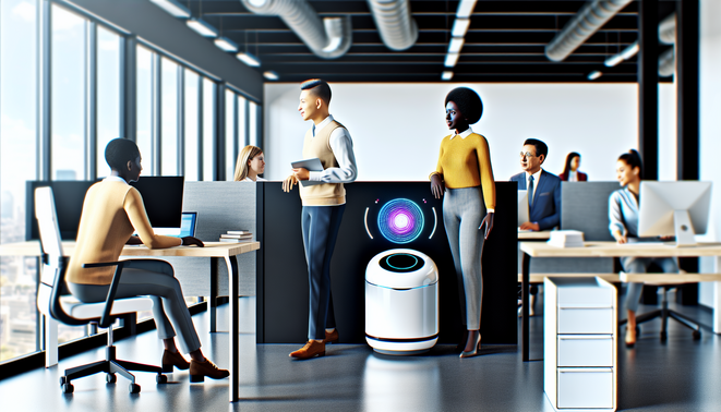 alt_text: A modern office with an AI assistant and diverse users, showcasing AI's impact on communication efficiency.