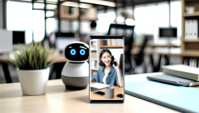alt_text: A sleek smartphone shows an AI assistant on a call in a cozy office setting, inviting and modern.