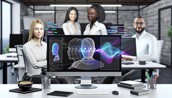 alt_text: A modern office with a diverse team collaborating on AI voice assistants, highlighting innovation.