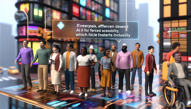 alt_text: Diverse individuals in a vibrant urban setting use AI for enhanced accessibility, fostering inclusivity.